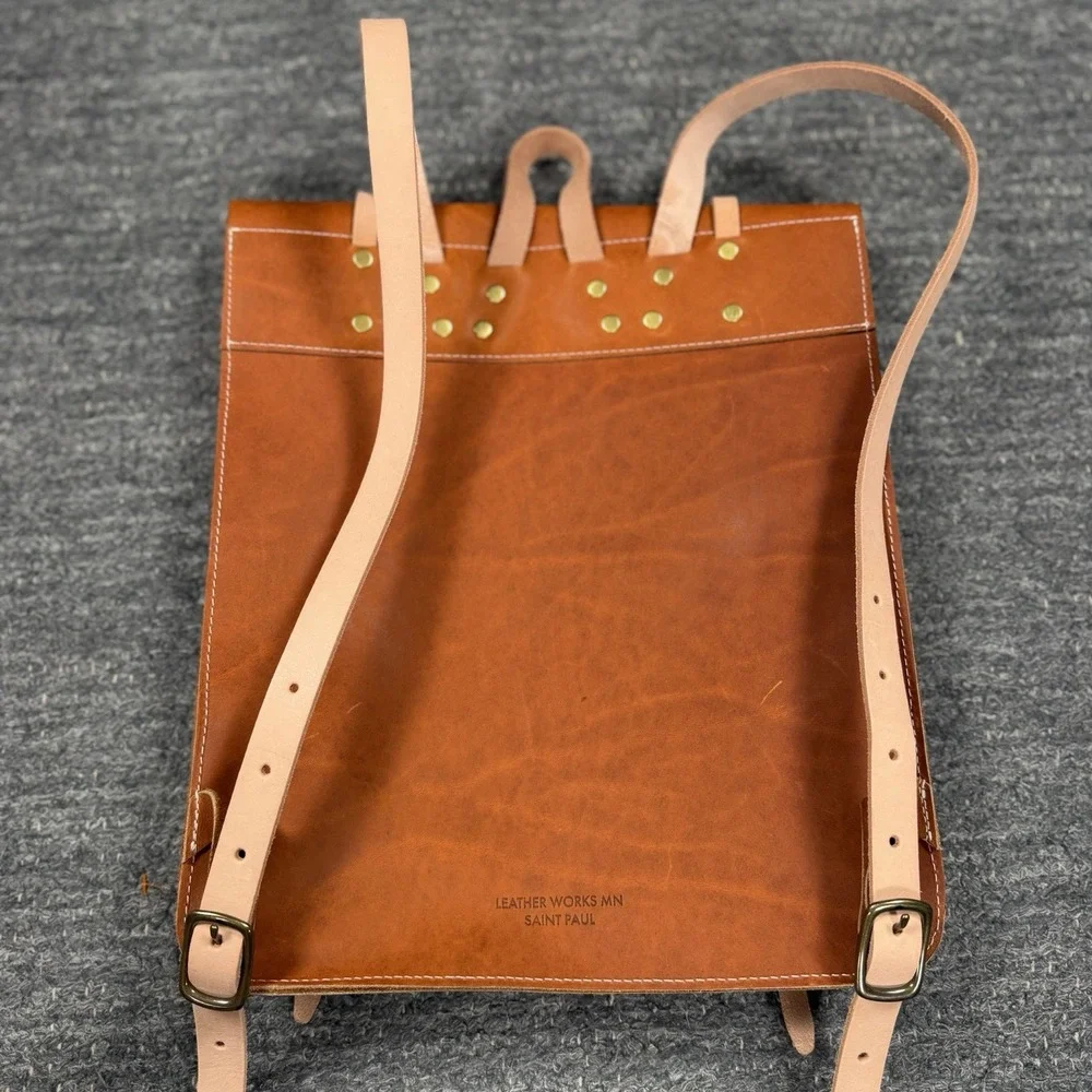 Leatherworks St Paul Leather Backpack Brown Adjustable Straps Slim Profile Wing